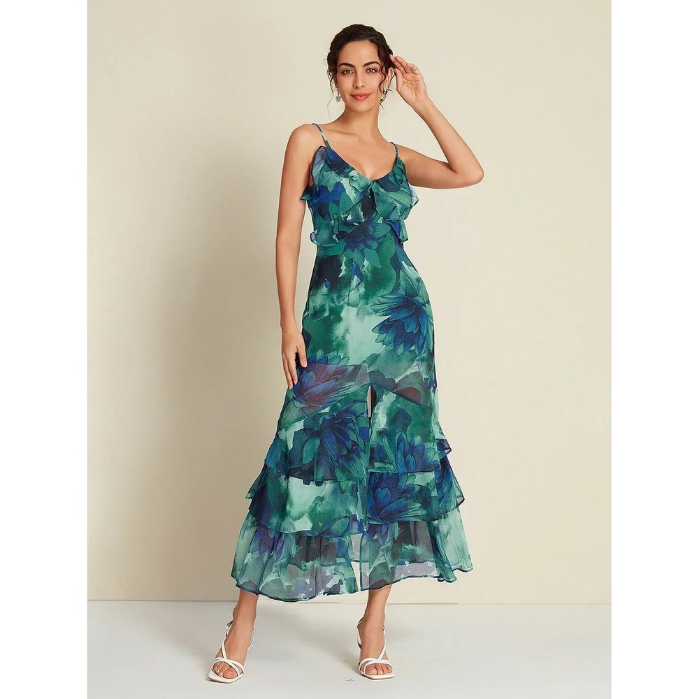 Ador Chiffon Floral Print Ruffle Split Front Sleeveless Maxi Dress Teal Blue M